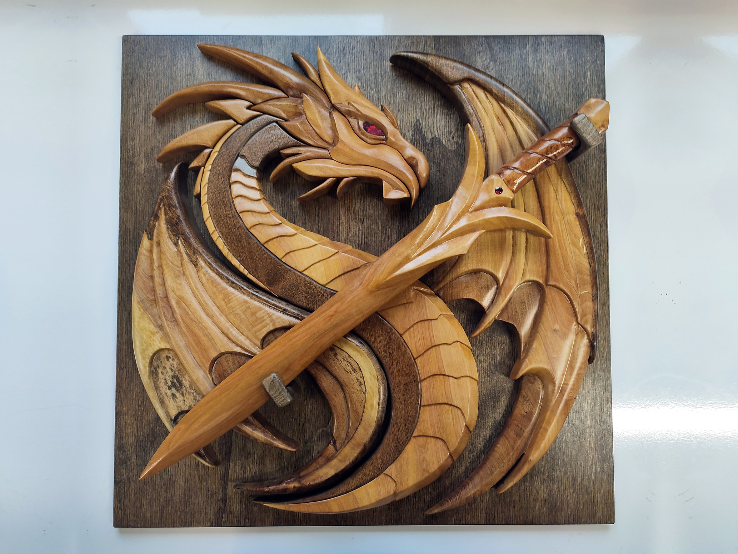 Hand Carved Wooden Dragon Wall Art – Intarsia & Wood Carving, Made-to-Order Fantasy Panel