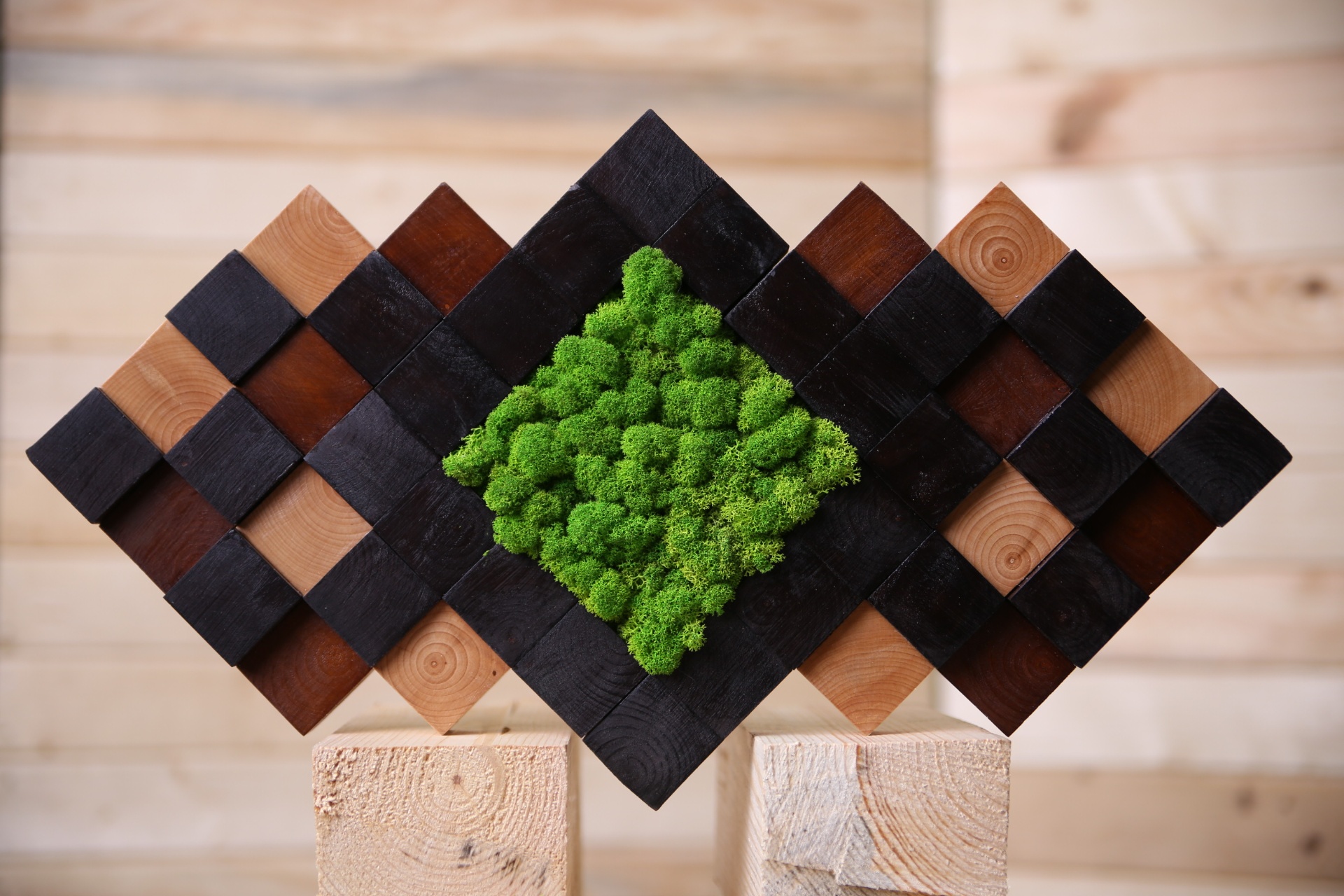 Diamond-shaped moss and wood wall panel
