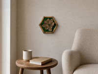 Mini Botanical Magnolia displayed at its compact scale in a quiet reading corner above a round side table beside an upholstered chair.