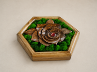 Three-quarter view of Mini Botanical Rose, showing the raised walnut carving, preserved moss and depth of the pine hexagonal frame.