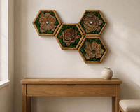 Violet, Camellia, Rose and Magnolia arranged as a connected stepped composition of four small hexagonal panels above an oak console.