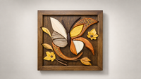 Handcrafted Butterfly in Flight wooden wall art with relief intarsia, carved botanical forms and natural wood tones.