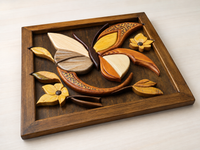 Three-quarter view of Butterfly in Flight highlighting the layered relief, carved wooden elements and dark pine frame.