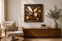 Butterfly in Flight wooden wall art displayed in a warm neutral interior at its true 48 × 48 cm scale.