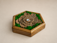 Three-quarter view of Mini Botanical Camellia, showing its layered walnut petals, preserved moss and the depth of the pine frame.