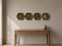 Four Mini Botanical panels—Violet, Magnolia, Rose and Camellia—displayed in a horizontal row above a compact oak console.