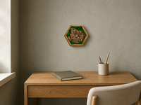 Mini Botanical Violet displayed at its compact scale above a small oak writing desk with a notebook, pencil cup and upholstered chair.