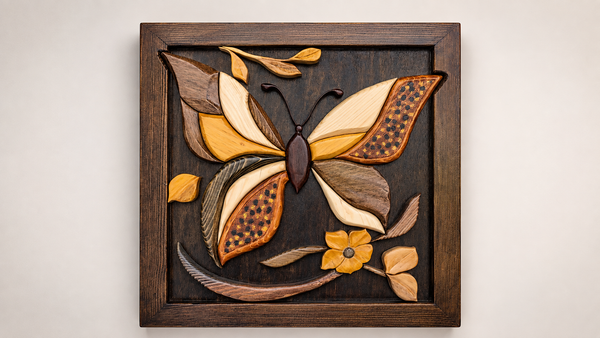 Handcrafted Butterfly Garden wooden wall art with relief intarsia and hand-painted wing details.
